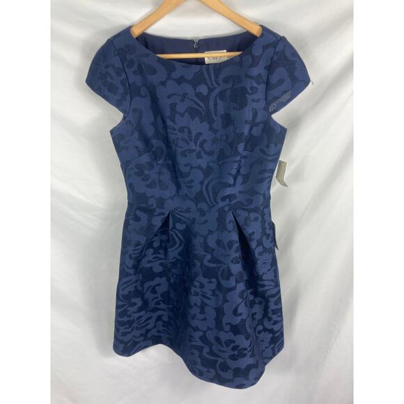 NWT Eliza J Metallic Floral Jacquard Fit & Flare Mini Dress Blue Size 10 - Picture 5 of 8